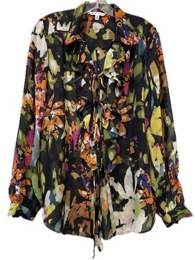 Cabi Small Floral #146 Long Sleeve Semi Sheer Blouse Tie Front B6